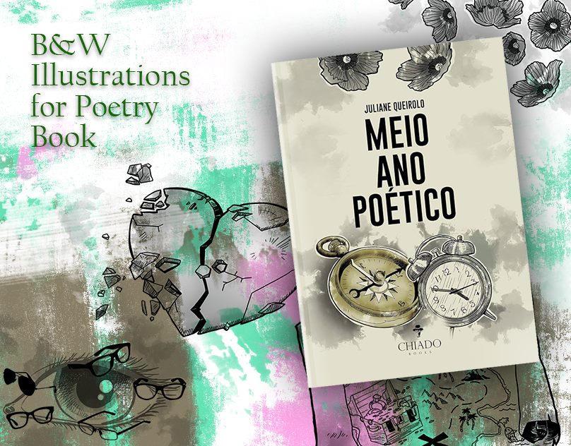 Cover and black and white illustrations for the poetry book Meio Ano Poético.