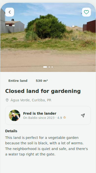Land detail screen with photos and a request button.