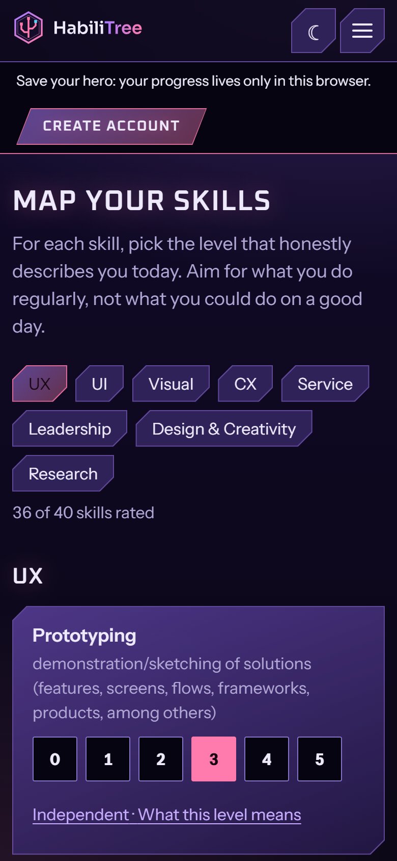 Assessment screen: each skill with a 0 to 5 level picker.