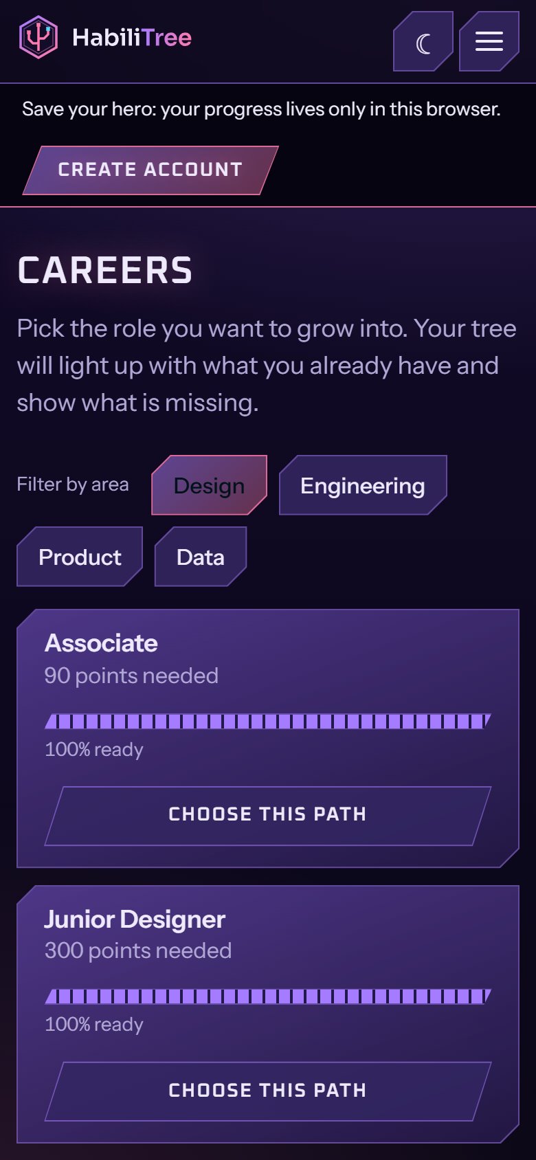 Careers screen: a ladder of roles from Associate to Head of Design, each with a readiness bar.