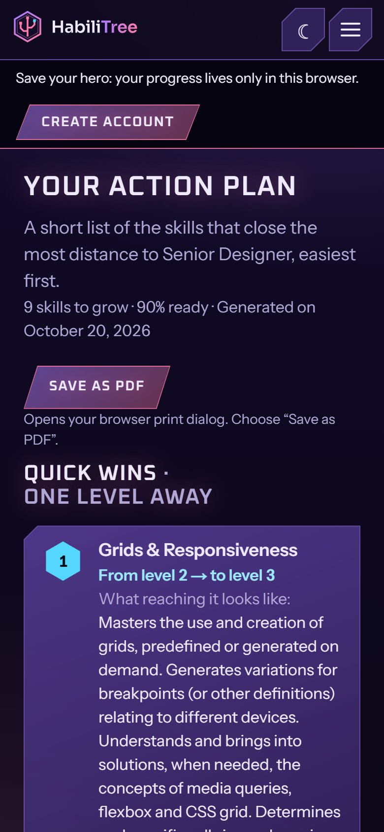 Action plan screen: quick wins one level away, with what reaching the next level looks like.